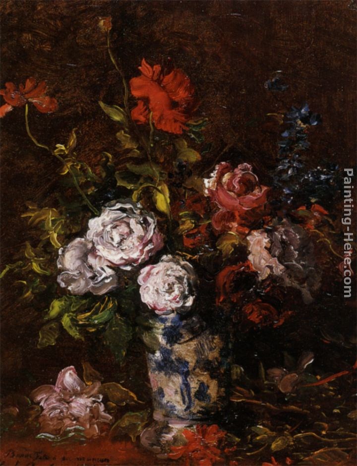 Karl Pierre Daubigny Floral still life in a blue and white porcelain vase